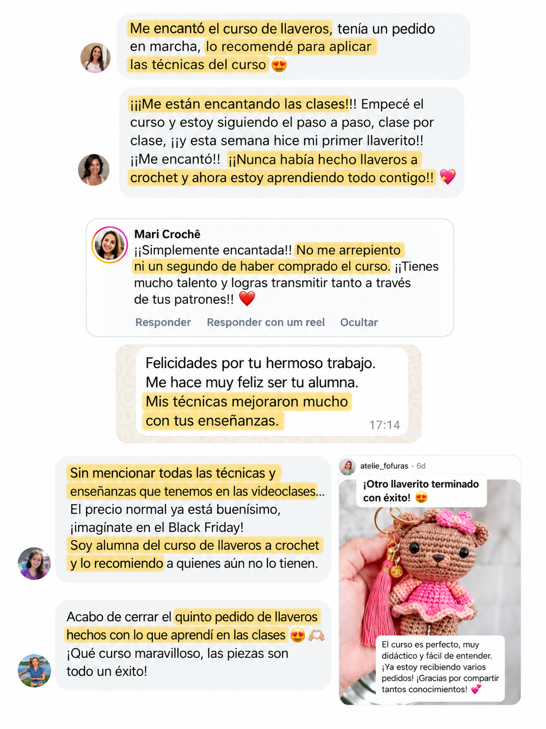 Testimonios reales de alumnas del curso de llaveros amigurumi